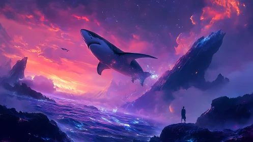 Surreal flying shark over neon seascape at twilight.