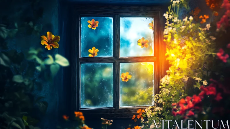 Window View: Yellow Flowers and Sunlit Garden.
