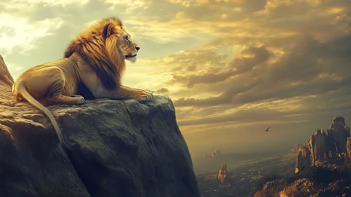 Lion overlooks sunlit valley from rugged cliff edge