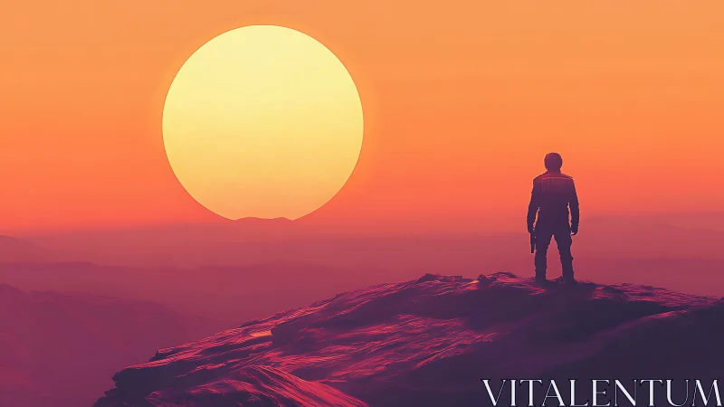 Lone explorer surveys molten horizon beneath colossal sun.