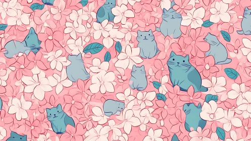 Blue Cats Nestled Among Pink and Cream Florals.