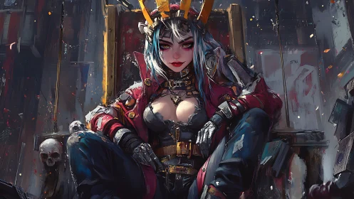 Cyberpunk throne queen with mechanical armor and neon crown.