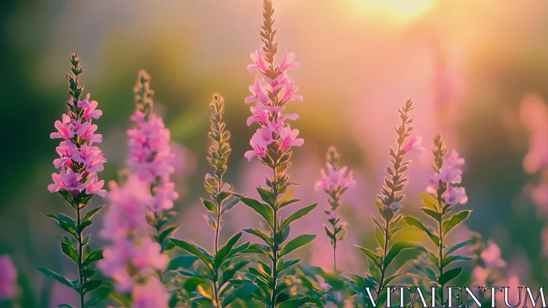 Pink wildflower spikes under diffuse warm sunset light.