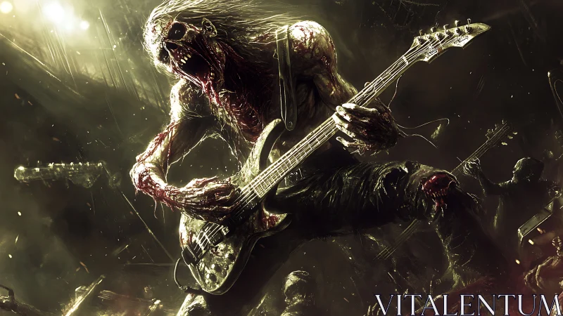 Undead metal guitarist shredding on chaotic infernal stage.