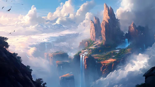 Floating Mountains with Waterfalls in Ethereal Cloud Landscape