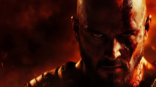 Warrior close-up with intense stare and bloodied face.