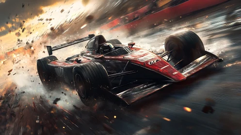 High-speed single seater race car in dynamic wet track spray