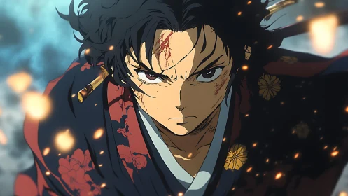 Battle-scorched swordsman storms forward through swirling embers