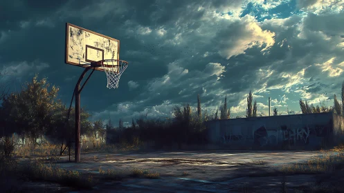 Digital painting of derelict outdoor court under stormlit sky.