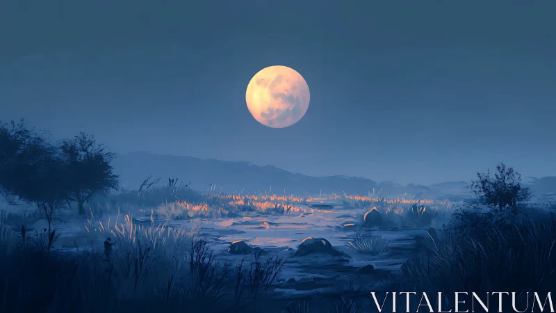 Full moon illuminates a blue nocturnal wetland landscape