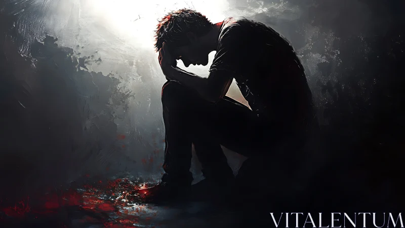 Kneeling silhouette cradling sorrow beneath a broken dawn.