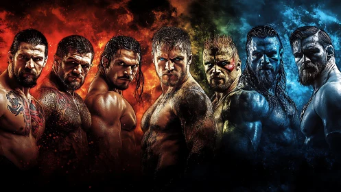 Fierce warriors stand united in fiery and icy battle light.