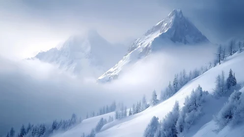 Snow-draped alpine peaks emerge through soft winter mist.