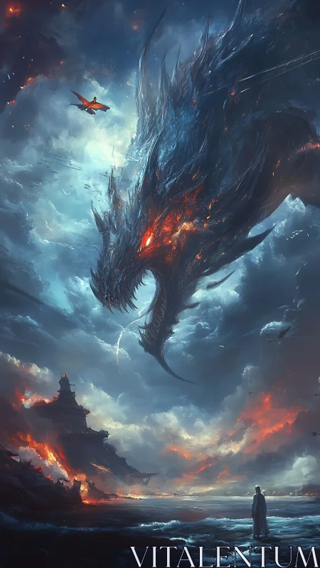 Colossal ember-lit dragon dominates a storm-swept coastal sky