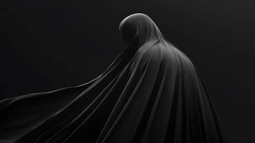 Shrouded silhouette in flowing black fabric quietly turning.