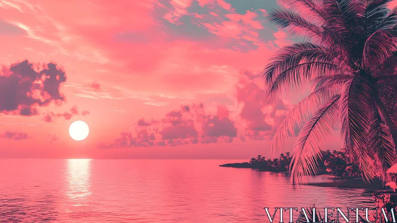 Tropical coastline at sunset with stylized pink sky and sea.