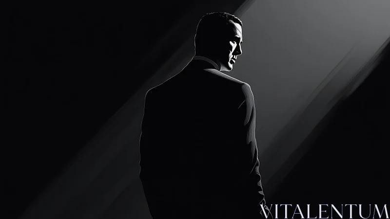 Man in suit under single light in dark minimalist scene.