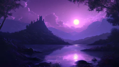 Castle silhouette over lake beneath violet moonlit sky.