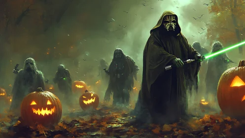 Hooded masked figures with pumpkins in misty forest scene.