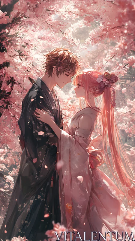 Romantic anime couple embrace under softly falling blossoms