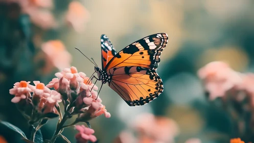 Orange butterfly rests delicately on soft pink blossoms.