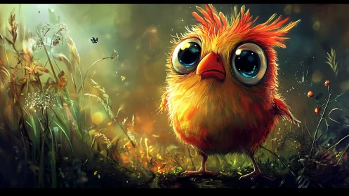 Adorable big-eyed baby bird in enchanted meadow, digital art.