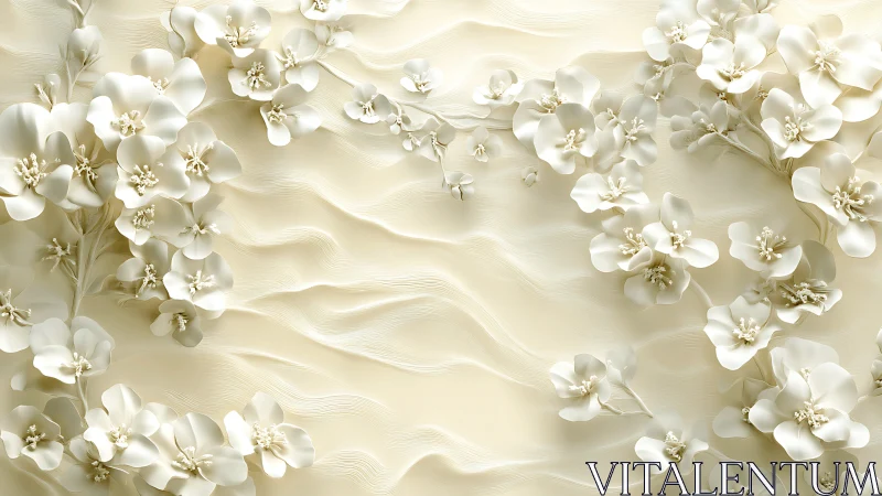 3D-Rendered Cream Orchids with Sculptural Relief Texture and Soft Golden Lighting.