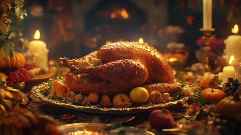 Roast turkey centerpiece on autumn harvest dinner table.