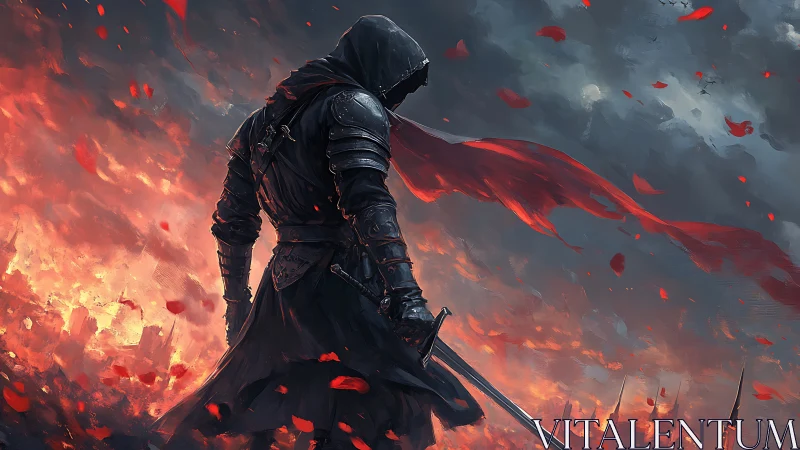 Hooded warrior over burning battlefield with red cloak.