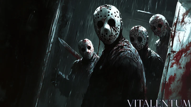 Masked figures in the rain invite a chilling night encounter.