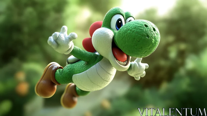 Textured green dinosaur in dynamic aerial 3D motion frame.