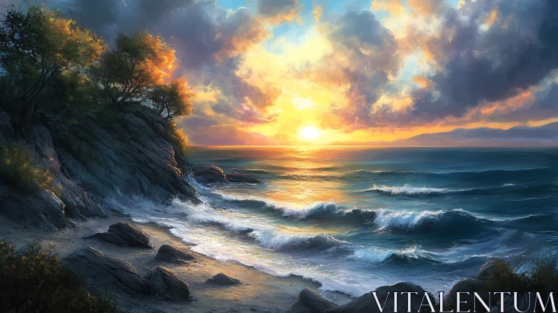 Rocky shoreline with sunset over open sea horizon.