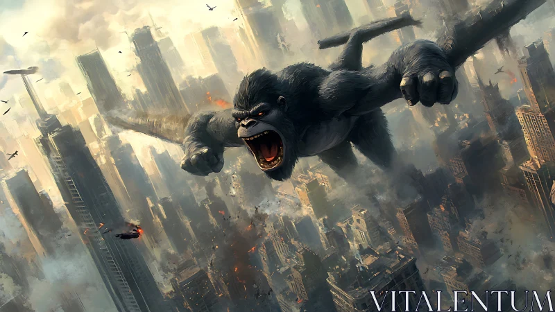 Giant gorilla grips airplane wings above dense cityscape