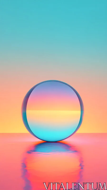Chromatic glass sphere over neon sunset waterline.