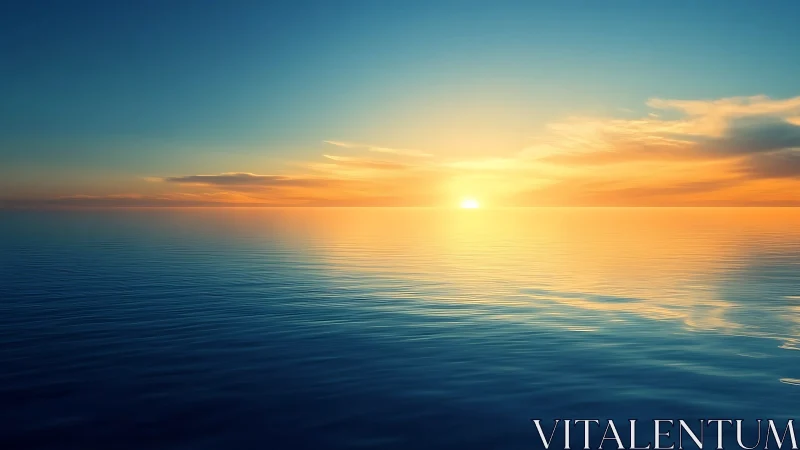 Golden sunrise glows gently over calm, endless ocean waters
