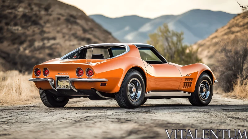 Orange classic sports coupe parked on gravel road in hills