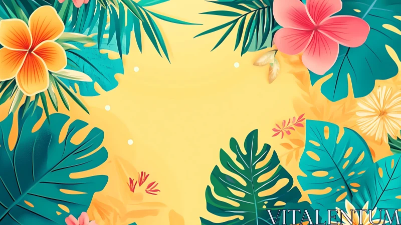 Tropical Bloom Symphony: Neon Petals Dance on Canary Canvas.