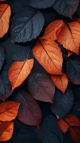 Orange and dark blue wet leaves in tight overhead view.