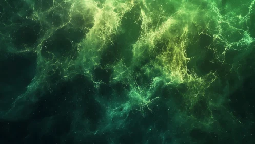 Emerald cosmic nebula swirling with luminous plasma clouds.