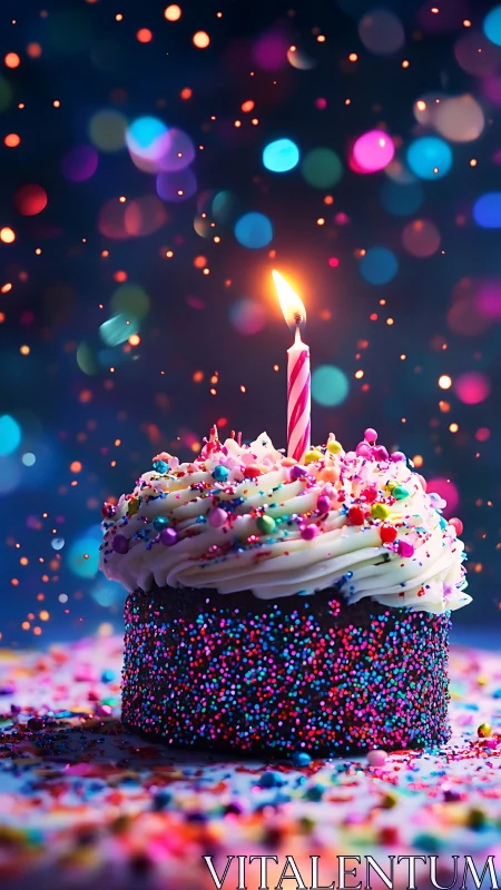 Luminous Birthday Cake with Vibrant Sprinkles and Bokeh Ambiance.