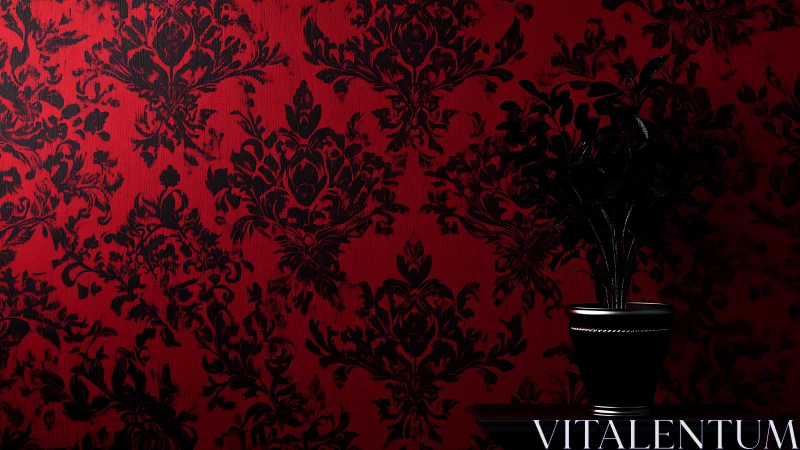 Low-key potted plant silhouetted against high-contrast baroque wallpaper