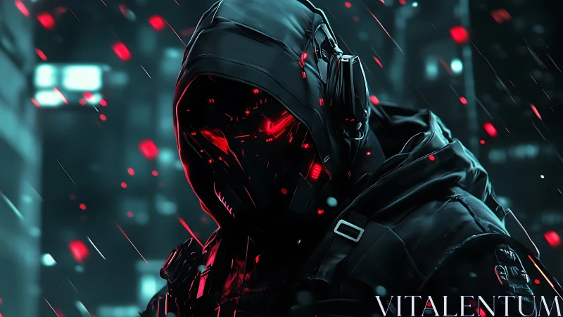 Cybernetic hooded figure with glowing red eyes in rain