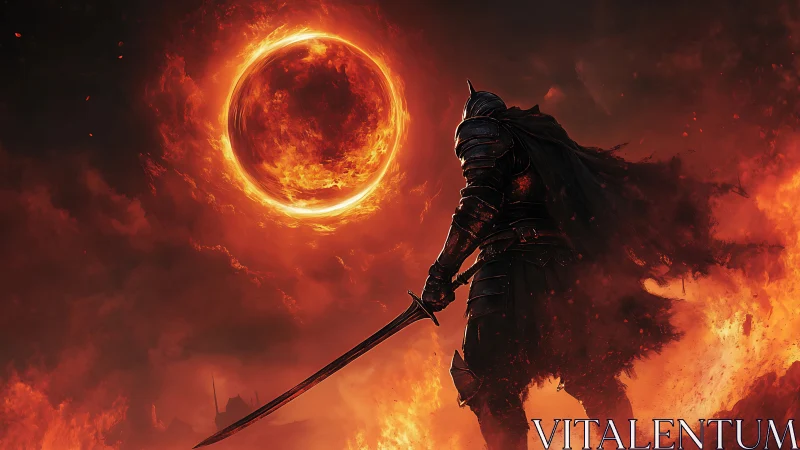 Lone armored warrior stands beneath a burning crimson sun.