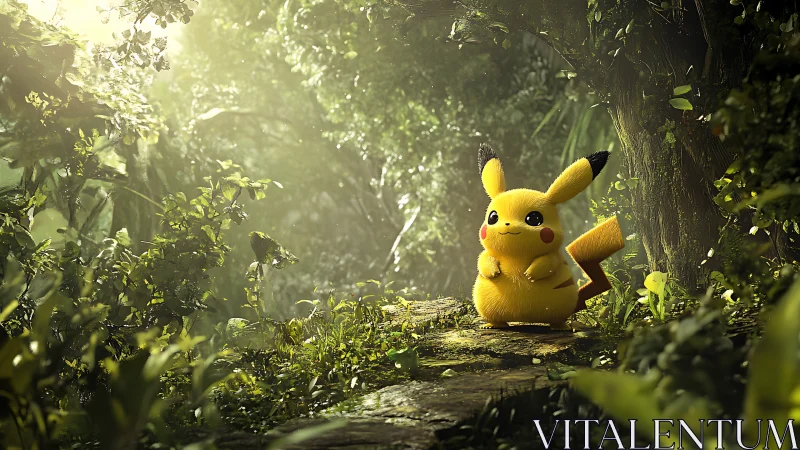 Pikachu in Enchanted Forest Glade. Golden Light Rendering.