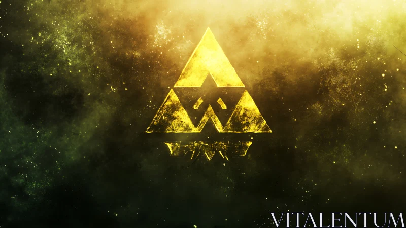 Celestial triangle sigil glowing in stormy cosmic dust.