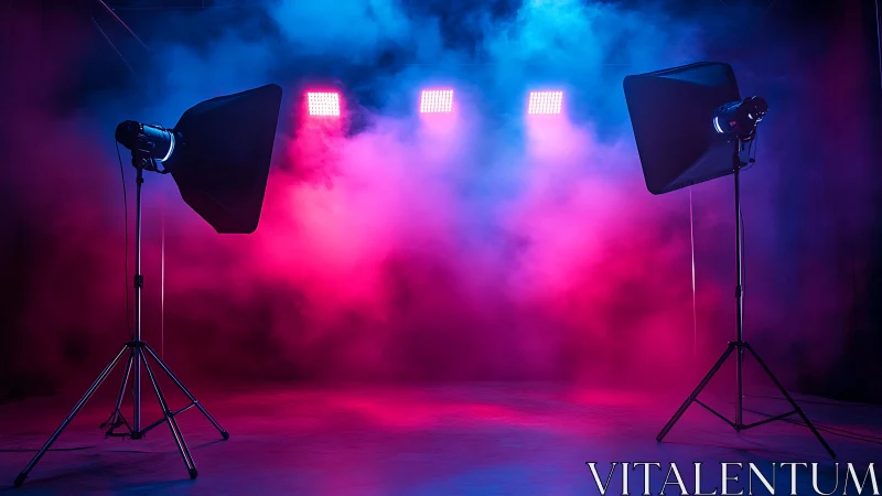 Neon haze floods a studio stage of lights, smoke, and mystery.