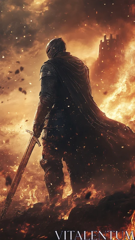 Armored knight surveys burning fortress amid volumetric firestorm