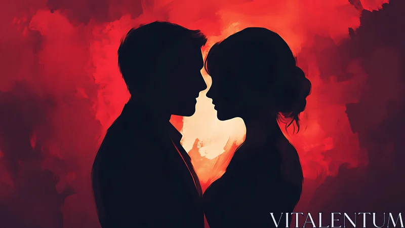 Two silhouettes lean toward each other, hearts glowing in fiery red.