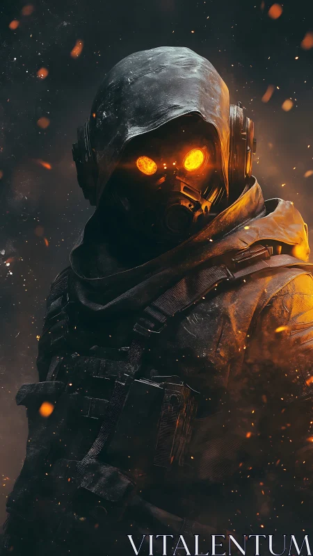 Postapocalyptic soldier with burning eyes in smoke storm.