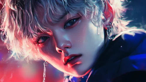 Neon-lit androgynous portrait in hyperreal digital painting.